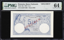 ROMANIA. Banca Nationala a Romaniei. 5 Lei, 1938. P-40s. Specimen. PMG Choice Uncirculated 64.
Red specimen overprint at center, BNR watermark, woman...