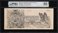 RUSSIA--NORTHWEST RUSSIA. Field Treasury of the Northwest Front. 1000 Rubles, 1919. P-S210. PMG Gem Uncirculated 65 EPQ.

Estimate: $150.00- $200.00