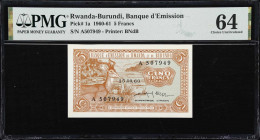 RWANDA-BURUNDI. Banque D'Emission du Rwanda et du Burundi. 5 Francs, 1960. P-1a. PMG Choice Uncirculated 64.

Estimate: $150.00- $250.00