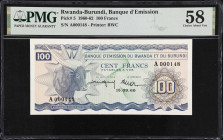 RWANDA-BURUNDI. Banque d'Emission du Rwanda et du Burundi. 100 Francs, 1960. P-5. PMG Choice About Uncirculated 58.
Serial number A000148. Dated Sept...
