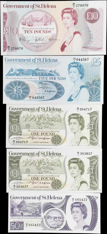 SAINT HELENA. Lot of (5). Government of St. Helena. 50 Pence, 1, 5 & 10 Pounds, ...