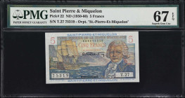 SAINT PIERRE & MIQUELON. Caisse Centrale de la France d'Outre-Mer. 5 Francs, ND (1950-60). P-22. PMG Superb Gem Uncirculated 67 EPQ.

Estimate: $50....