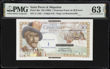 SAINT PIERRE & MIQUELON. Caisse Centrale de la France d'Outre-Mer. 1 Nouveau Franc on 50 Francs, ND (1960). P-30a. PMG Choice Uncirculated 63 EPQ.

...