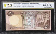 SAUDI ARABIA. Saudi Arabian Monetary Agency. 50 Riyals, ND (1968). P-14b. PCGS Banknote Gem Uncirculated 66 PPQ.
Signed by Qurashi and Rahman. Arms w...