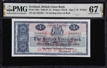 SCOTLAND. British Linen Bank. 1 Pound Sterling, 1967. P-166c. PMG Superb Gem Uncirculated 67 EPQ.
Dated June 13th, 1967. No sorting lines on back.
F...