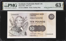 SCOTLAND. Clydesdale Bank Ltd. 10 Pounds, 1972. P-207a. Serial Number 3. PMG Choice Uncirculated 63 EPQ.

Estimate: $150.00- $250.00