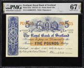 SCOTLAND. Royal Bank of Scotland. 5 Pounds, 1958. P-323c. PMG Superb Gem Uncirculated 67 EPQ.
Yellow paper with orange and blue ink, coat of arms at ...