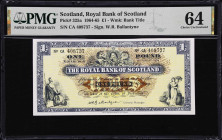 SCOTLAND. Royal Bank of Scotland. 1 Pound, 1964. P-325a. PMG Choice Uncirculated 64.
Dated August 1st, 1964. Signed by Ballantyne.
From the Scott Li...