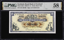 SCOTLAND. Royal Bank of Scotland. 1 Pound, 1965. P-325b. PMG Choice About Uncirculated 58.
Dated August 2nd, 1965. Signed by G.P. Robertson.
From th...