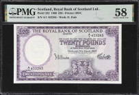 SCOTLAND. Royal Bank of Scotland Limited. 20 Pounds, 1969. P-332. PMG Choice About Uncirculated 58.
Purple with the obverse showing multicolored geom...