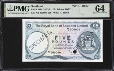 SCOTLAND. Royal Bank of Scotland Limited. 5 Pounds, 1977. P-337s. Specimen. PMG Choice Uncirculated 64.
PMG comments "Previously Mounted."

Estimat...