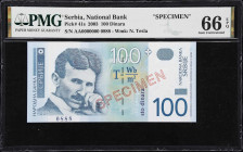 SERBIA. Narodna Banka Srbije. 100 Dinara, 2003. P-41s. Specimen. PMG Gem Uncirculated 66 EPQ.
Only graded example on the PMG population report, red s...