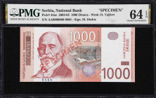 SERBIA. Narodna Banka Srbije. 1000 Dinara, 2003. P-44as. Specimen. PMG Choice Uncirculated 64 EPQ.
Signed by M. Dinkic, D. Vajfert watermark, Dorde V...