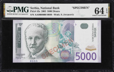 SERBIA. Narodna Banka Srbije. 5000 Dinara, 2003. P-45s. Specimen. PMG Choice Uncirculated 64 EPQ.
Specimen note featuring Slobodan Jovanovic at left,...