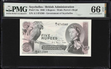 SEYCHELLES. Government of Seychelles. 5 Rupees, 1968. P-14a. PMG Gem Uncirculated 66 EPQ.
Popular 5 Rupees from Seychelles showing Queen Elizabeth II...
