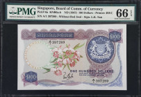 SINGAPORE. Board of Commissioners of Currency. 100 Dollars, ND (1967). P-6a. KNB6a. First Prefix. PMG Gem Uncirculated 66 EPQ.
Printed by BWC. Withou...
