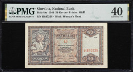 SLOVAKIA. Slovenska Narodna Banka. 50 Korun, 1940. P-9a. PMG Extremely Fine 40.
From the Al Kugel Collection.

Estimate: $100.00- $200.00