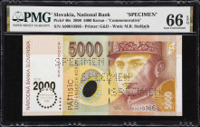 SLOVAKIA. Narodna Banka Slovenska. 5000 Korun, 2000. P-40s. Specimen. Commemorative. PMG Gem Uncirculated 66 EPQ.
Perforated commemorative specimen p...