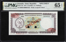 SOMALIA. Banca Nazionale Somala. 5 Scellini = 5 Shillings, 1971. P-13s. Specimen. PMG Gem Uncirculated 65 EPQ.
Specimen note printed by TDLR, red spe...