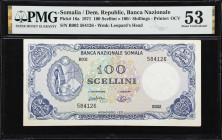 SOMALIA. Banca Nazionale Somala. 100 Scellini = 100 Shillings, 1971. P-16a. PMG About Uncirculated 53.
PMG Comments "Stains."

Estimate: $200.00- $...