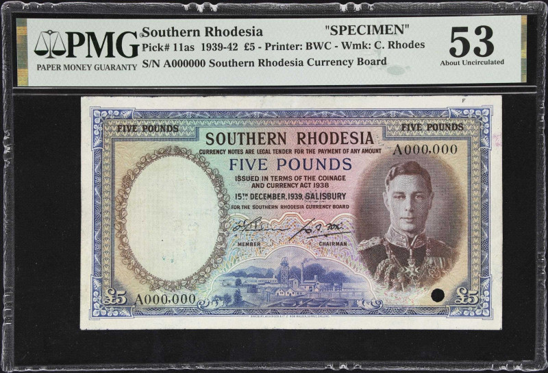 SOUTHERN RHODESIA. Southern Rhodesia Currency Board. 5 Pounds, 1939. P-11as. Spe...