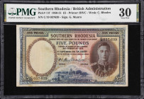 SOUTHERN RHODESIA. Southern Rhodesia Currency Board. 5 Pounds, 1951. P-11f. PMG Very Fine 30.
Dated September 1st, 1951. Blue and brown on pink and l...