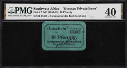 SOUTHWEST AFRICA. Swakopmunder Buchhandlung. 10 Pfennig, ND (1916-18). P-7. German Private Issue. PMG Extremely Fine 40.

Estimate: $300.00- $500.00