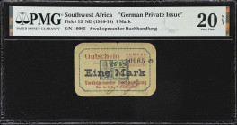 SOUTHWEST AFRICA. Swakopmunder Buchhandlung. 1 Mark, ND (1916-18). P-13. German Private Issue. PMG Very Fine 20 Net. Large Tear.
PMG Comments "Large ...