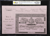 SPAIN. Banco de Zaragoza. 500 Reales Vellon, 1857. P-S453. Face Proof. PCGS Banknote Gem Uncirculated 65 PPQ.
Gem example with counterfoil, Arms at t...
