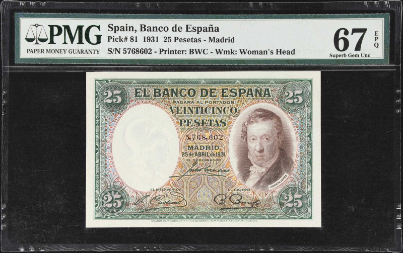 SPAIN. Banco de Espana. 25 Pesetas, 1931. P-81. PMG Superb Gem Uncirculated 67 E...