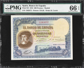 SPAIN. Banco de Espana. 500 Pesetas, 1935. P-89. PMG Gem Uncirculated 66 EPQ.
Printed by TDLR. H. Cortes watermark. The obverse features a blue borde...