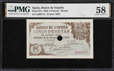 SPAIN. Banco de Espana. 5 Pesetas, 1936. P-97a. PMG Choice About Uncirculated 58.
PMG Comments "Staple Holes."

Estimate: $150.00- $200.00