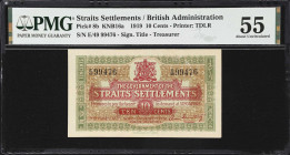 STRAITS SETTLEMENTS. Government of the Straits Settlements. 10 Cents, 1919. P-8b. KNB16a. PMG About Uncirculated 55.
Printed by TDLR. Green and red o...