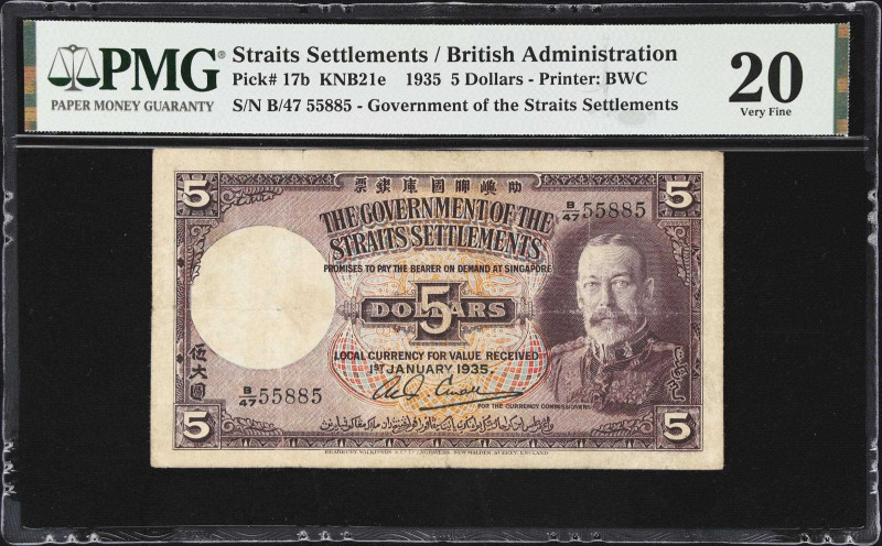 STRAITS SETTLEMENTS. Government of the Straits Settlements. 5 Dollars, 1935. P-1...