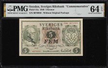 SWEDEN. Sveriges Riksbank. 5 Kronor, 1948. P-41a. Commemorative. PMG Choice Uncirculated 64 EPQ.

Estimate: $50.00- $100.00