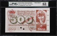 SWITZERLAND. Schweizerische Nationalbank. 500 Franken, ND (1961-74). P-51s. Specimen. PMG Choice Uncirculated 63.
Variety without date. A remarkable ...