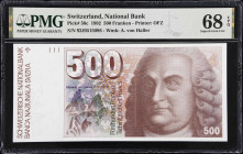 SWITZERLAND. Schweizerische Nationalbank. 500 Franken, 1992. P-58c. PMG Superb Gem Uncirculated 68 EPQ.
Printed by OFZ. Gerber-Meyer signature combin...