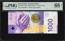 SWITZERLAND. Schweizerische Nationalbank. 1000 Franken, 2017. P-79a. PMG Superb Gem Uncirculated 68 EPQ.
Printed by OFZ. Flag & Globe watermark. Hand...