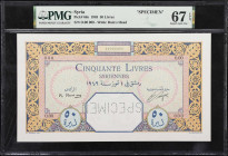SYRIA. Banque de Syrie et du Liban. 50 Livres, 1949. P-66s. Specimen. PMG Superb Gem Uncirculated 67 EPQ.
A superb high-grade specimen banknote featu...