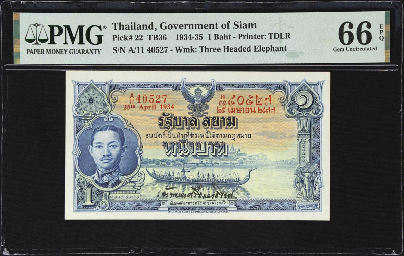 THAILAND. Government of Siam. 1 Baht, 1934. P-22. TB36. PMG Gem Uncirculated 66 ...