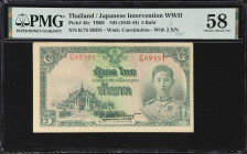 THAILAND. Government of Thailand. 5 Baht, ND (1942-44). P-45c. TB66. PMG Choice About Uncirculated 58.
Green with multicolored underprint on the obve...
