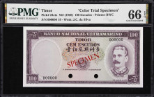 TIMOR. Banco Nacional Ultramarino. 100 Escudos, ND (1959). P-24cts. Color Trial Specimen. PMG Gem Uncirculated 66 EPQ.

Estimate: $200.00- $300.00