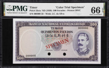 TIMOR. Banco Nacional Ultramarino. 500 Escudos, ND (1959). P-25cts. Color Trial Specimen. PMG Gem Uncirculated 66 EPQ.
Color trial specimen printed b...