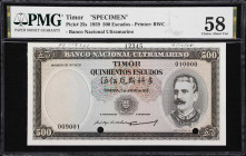 TIMOR. Banco Nacional Ultramarino. 500 Escudos, 1959. P-25s. Specimen. PMG Choice About Uncirculated 58.
PMG Comments "Printer's Annotations, Previou...