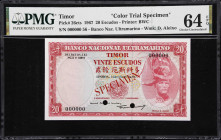 TIMOR. Banco Nacional Ultramarino. 20 Escudos, 1967. P-26cts. Color Trial Specimen. PMG Choice Uncirculated 64 EPQ.

Estimate: $200.00- $300.00