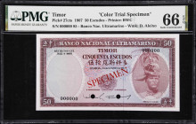 TIMOR. Banco Nacional Ultramarino. 50 Escudos, 1967. P-27cts. Color Trial Specimen. PMG Gem Uncirculated 66 EPQ.

Estimate: $200.00- $300.00