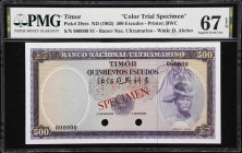 TIMOR. Banco Nacional Ultramarino. 500 Escudos, ND (1963). P-29cts. Color Trial Specimen. PMG Superb Gem Uncirculated 67 EPQ.

Estimate: $250.00- $5...