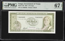 TONGA. Lot of (2). Government of Tonga. 1 Pa'anga, 1967. P-14b. Consecutive. PMG Superb Gem Uncirculated 67 EPQ.
Serial numbers A/1 063935-936.

Es...