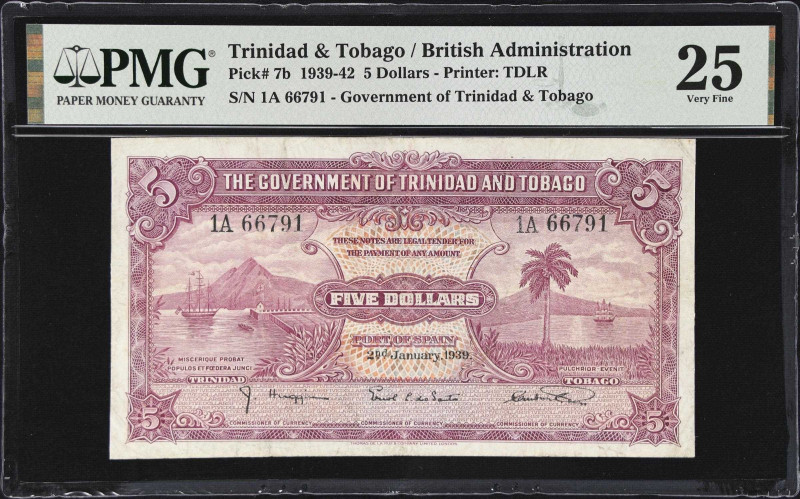 TRINIDAD & TOBAGO. Government of Trinidad and Tobago. 5 Dollars, 1939. P-7b. PMG...