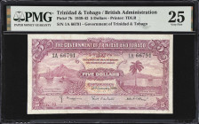 TRINIDAD & TOBAGO. Government of Trinidad and Tobago. 5 Dollars, 1939. P-7b. PMG Very Fine 25.
Printed by TDLR. Dated January 2nd, 1939. Sailing ship...